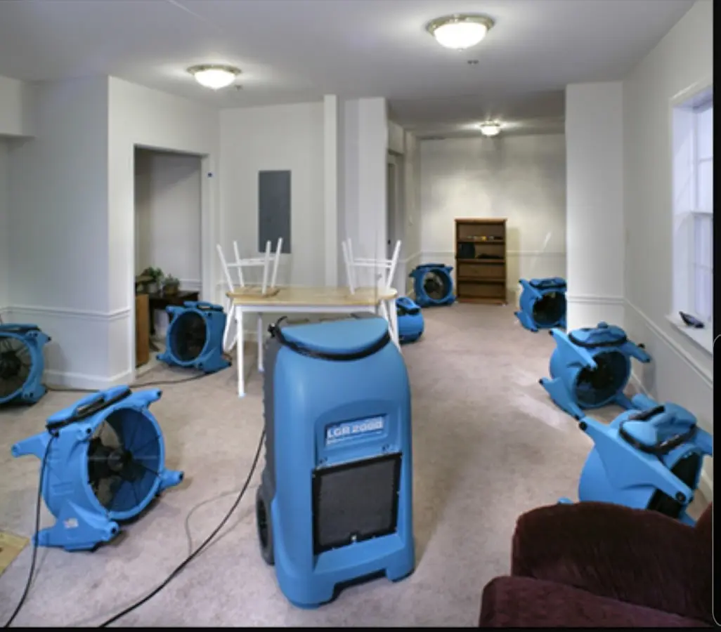 Air movers and dehumidifier setup for Water Damage Restoration in Rocky Hill